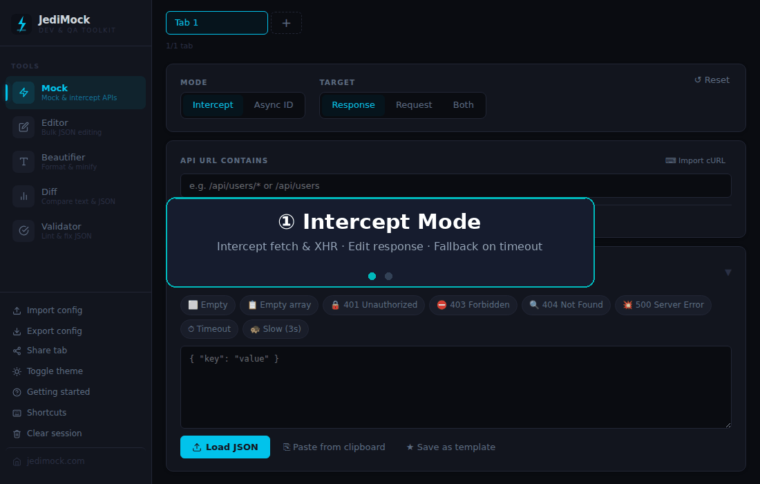 JediMock demo — configure a mock, generate a script, paste in DevTools